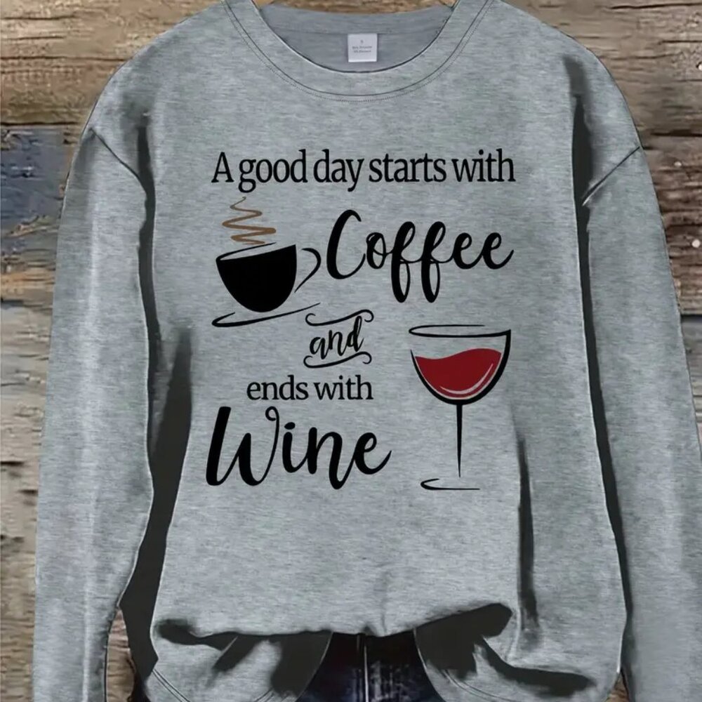 Women's Coffee & Wine Print Pullover T-Shirt  – Casual Long Sleeve Crew Neck